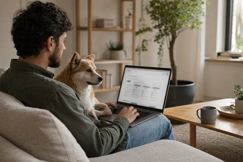 Ein Hund neben einem Besitzer auf dem Sofa, der entspannt an einem Laptop arbeitet, während auf dem Bildschirm eine Versicherungsvergleichs-Oberfläche zu sehen ist.