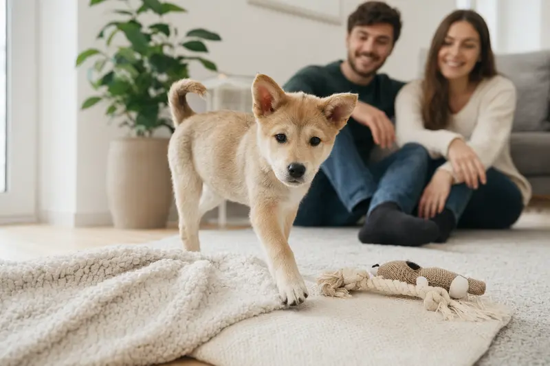 Ein neugieriger Kishu Welpe erkundet sein neues Zuhause mit weicher Decke und Spielzeug.