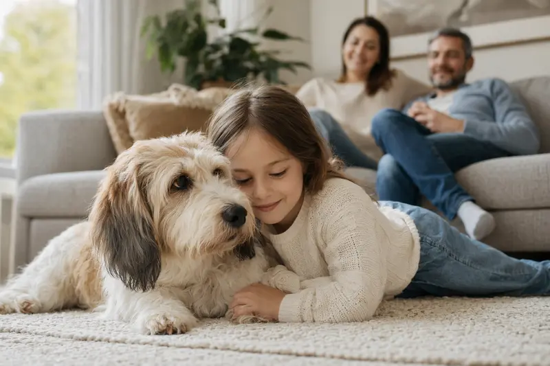 Ein kleiner Basset Griffon Vendéen liegt entspannt neben einem Kind im Wohnzimmer, während die Eltern im Hintergrund eine sichere Familienatmosphäre schaffen.