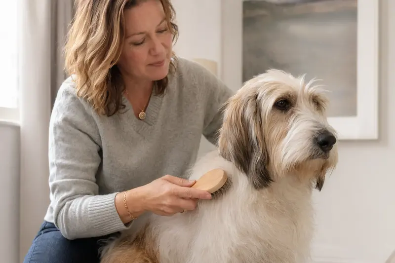 Ein Kleiner Basset Griffon Vendéen wird in der hellen Wohnung sanft gebürstet, während sein Besitzer die Fellpflege liebevoll übernimmt.