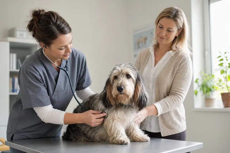 Ein ruhiger Kleiner Basset Griffon Vendéen wird in einer modernen Tierarztpraxis behutsam mit dem Stethoskop untersucht, während seine Besitzerin beruhigend neben ihm steht.
