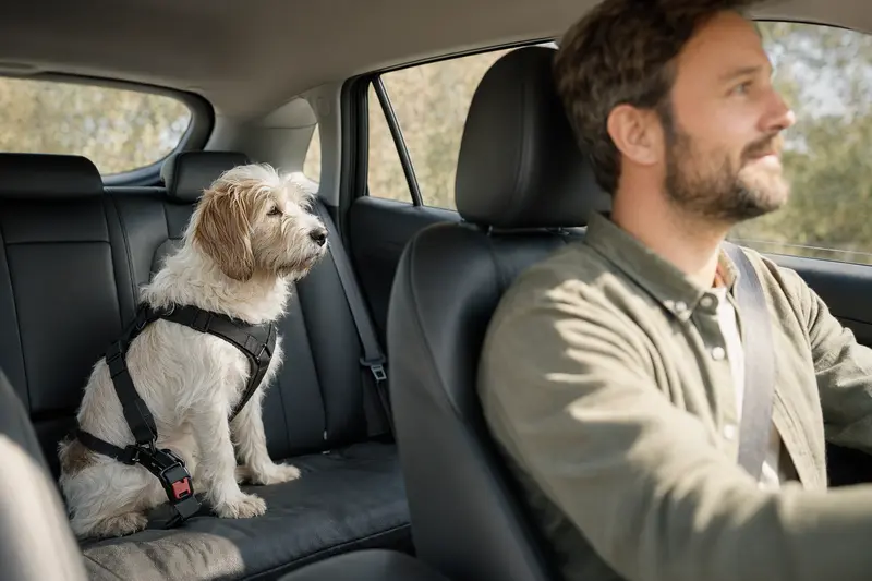 Ein kleiner Basset Griffon Vendéen sitzt sicher angeschnallt auf der Rückbank eines Autos, während sein Besitzer fährt und Sonnenlicht durch das Fenster fällt.