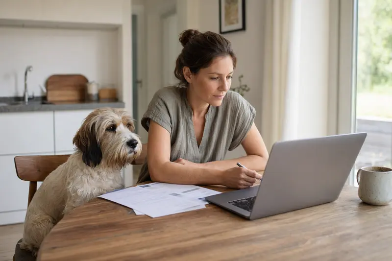 Ein Kleiner Basset Griffon Vendéen sitzt ruhig neben seinem Besitzer am Küchentisch mit Versicherungsunterlagen und Laptop zur Hundekrankenversicherung.