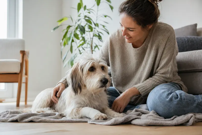 Ein kleiner Basset Griffon Vendéen liegt mit leichtem Verband an der Pfote ruhig auf einer Decke, während sein Besitzer neben ihm sitzt und erleichtert wirkt.