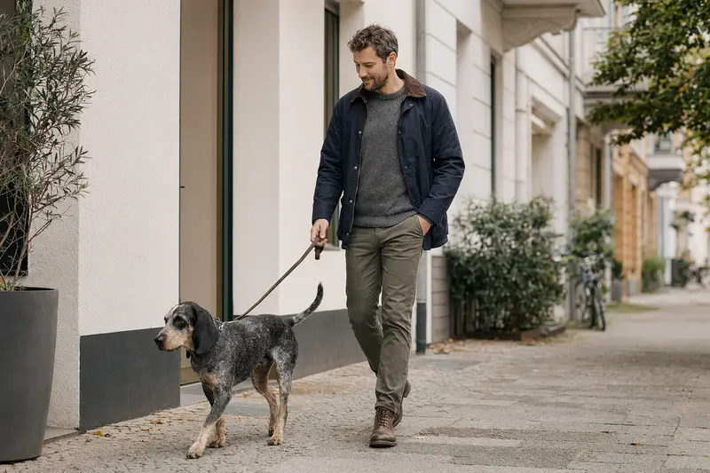 Ein Kleiner Blauer Gascogne Laufhund läuft angeleint mit seinem Besitzer entspannt durch eine freundliche moderne Stadtstraße.