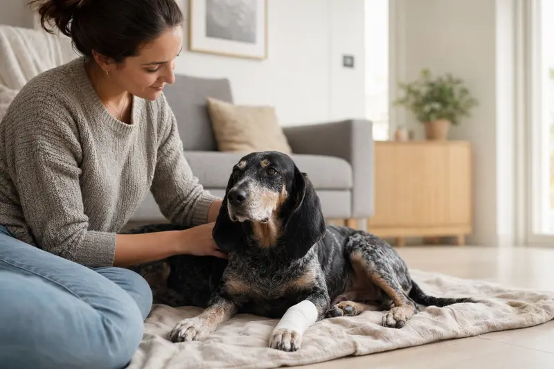 Ein ruhiger Gascogne Laufhund mit Verband liegt auf einer Decke, während sein Besitzer neben ihm sitzt und erleichtert wirkt.