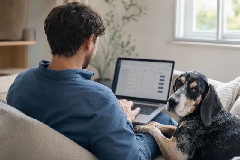 Ein Hundebesitzer arbeitet am Laptop auf dem Sofa, während der kleine Gascogne Laufhund neben ihm sitzt und eine neutrale Versicherungsvergleichsseite angezeigt wird.