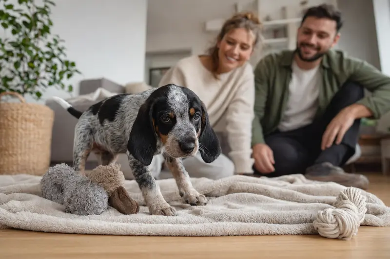 Ein neugieriger Kleiner Blauer Gascogne Laufhund Welpe erkundet sein neues Zuhause mit einer weichen Decke und einem Spielzeug.