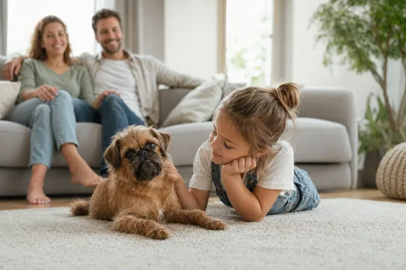 Ein Kleiner Brabanter Hund liegt entspannt neben einem Kind im Wohnzimmer, während die Eltern im Hintergrund eine sichere Familienatmosphäre schaffen.