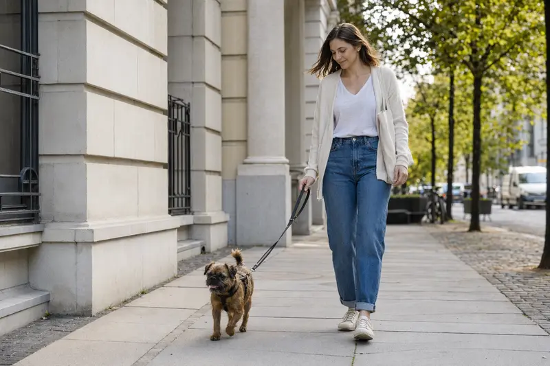 Ein Kleiner Brabanter Hund läuft an der Leine mit seinem Besitzer durch eine moderne Stadtstraße im Alltag.