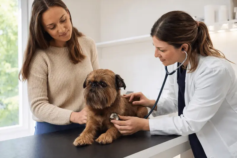 Eine freundliche Tierärztin untersucht einen kleinen Brabanter Hund auf einem Untersuchungstisch in einer modernen Tierarztpraxis.