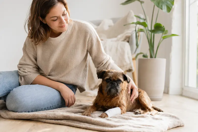 Ein kleiner Brabanter Hund mit einem leichten Verband an der Pfote liegt entspannt auf einer Decke, während der Besitzer erleichtert daneben sitzt.