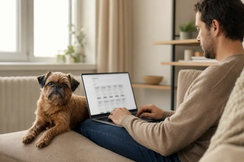 Ein Hundebesitzer sitzt mit einem kleinen Brabanter Hund auf dem Sofa und vergleicht online Tierkrankenversicherungen.