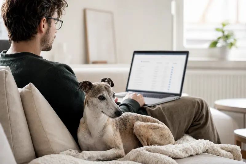 Ein Besitzer arbeitet am Laptop auf dem Sofa, während ein kleiner Englischer Windhund entspannt neben ihm sitzt.