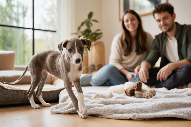 Ein junger Kleiner Englischer Windhund Welpe erkundet neugierig sein neues Zuhause auf einer weichen Decke neben Spielzeug.