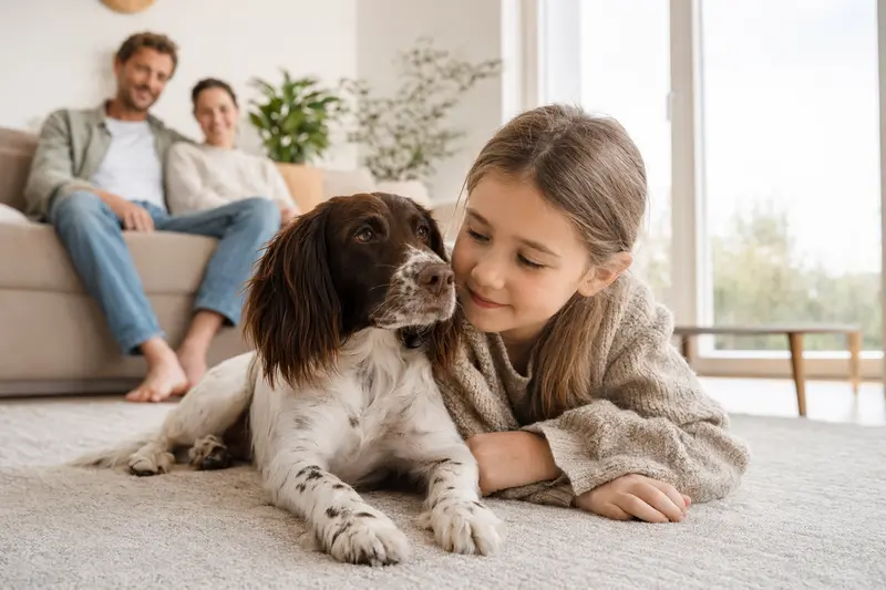 Ein Kleiner Münsterländer liegt entspannt neben einem Kind im hellen Wohnzimmer einer Familie.