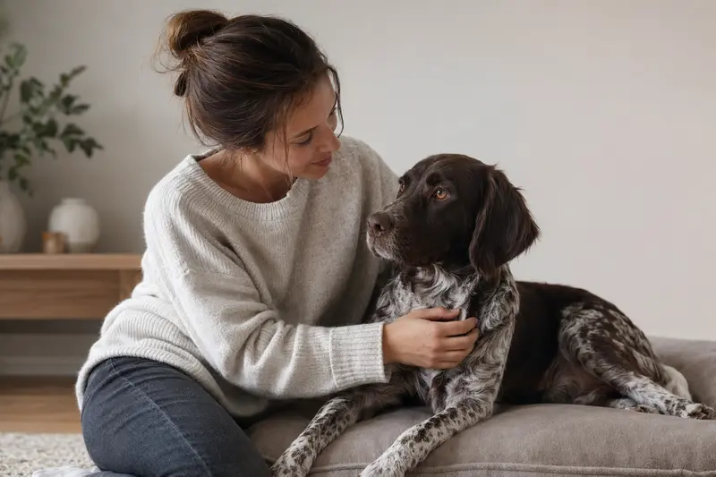 Aufmerksam stehender Kleiner Münsterländer vor hellem Hintergrund in natürlicher Haltung, als realistisches Hundeportrait.