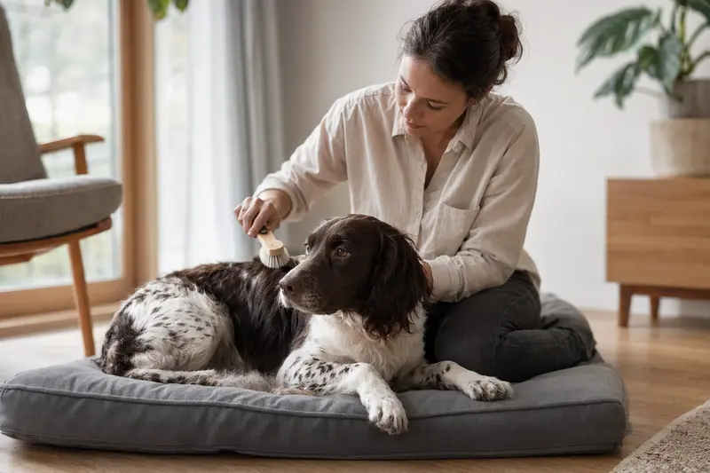 Ein kleiner Münsterländer Hund wird zuhause sanft gebürstet, während sein Besitzer liebevoll die Fellpflege übernimmt.