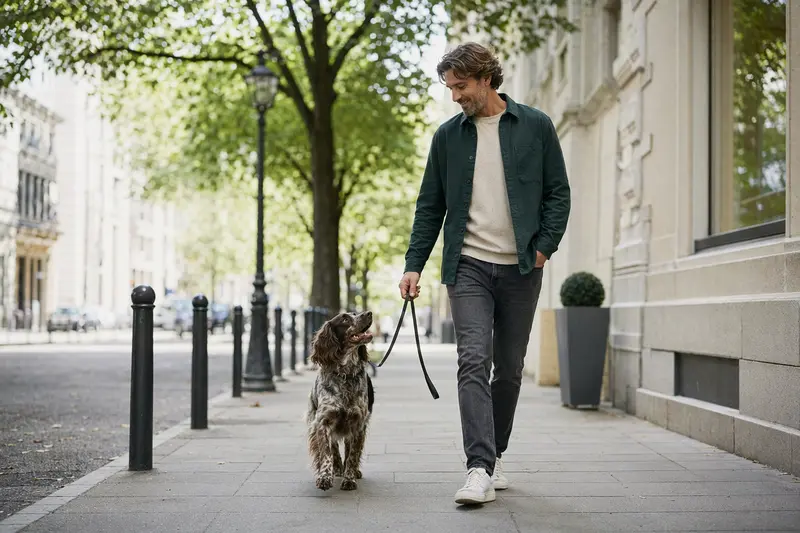 Ein Kleiner Münsterländer läuft an der Leine mit seinem Besitzer entspannt durch eine moderne Stadtstraße.