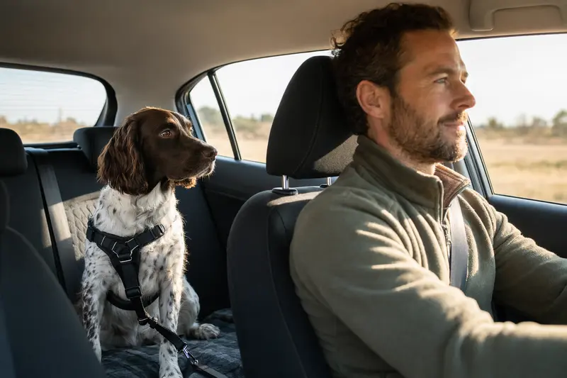Ein kleiner Münsterländer Hund sitzt sicher angeschnallt auf der Rückbank eines Autos und genießt die Fahrt.