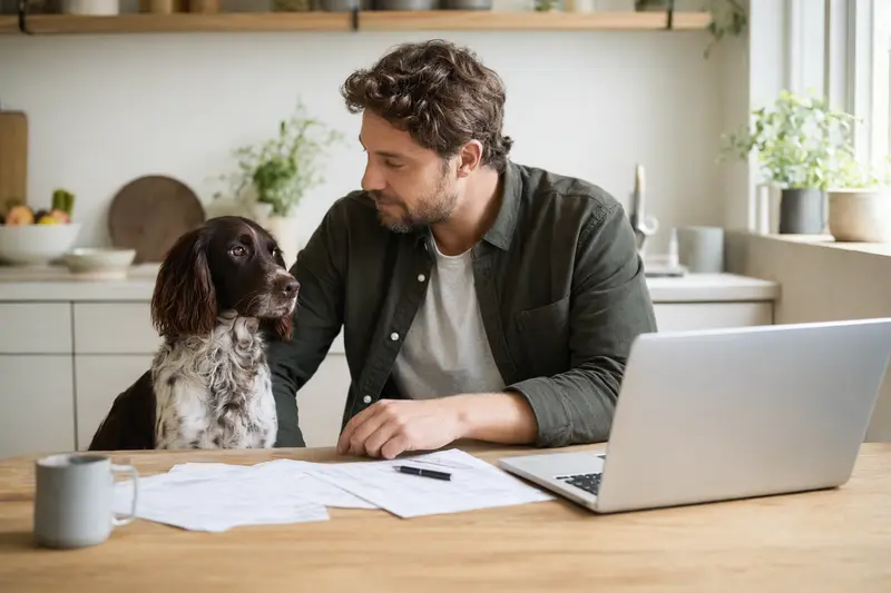 Ein Kleiner Münsterländer sitzt ruhig neben seinem Besitzer am Küchentisch, während Versicherungsunterlagen und ein Laptop mit Vergleichsseite auf dem Tisch liegen.