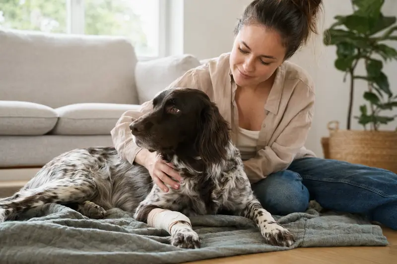 Ein Kleiner Münsterländer mit Verband an der Pfote liegt entspannt neben seinem Besitzer in einer hellen Wohnung.