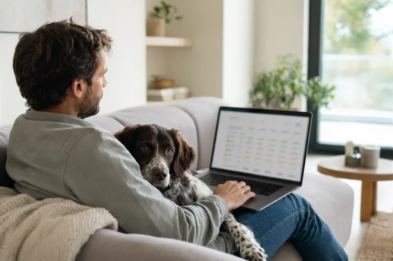 Ein Besitzer sitzt auf dem Sofa mit einem Kleinen Münsterländer Hund, während er auf dem Laptop eine neutrale Versicherungsvergleichs-Oberfläche betrachtet.