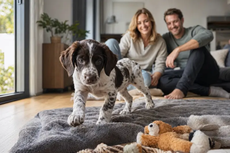 Ein Kleiner Münsterländer Welpe erkundet neugierig sein neues Zuhause mit weicher Decke und Spielzeug.