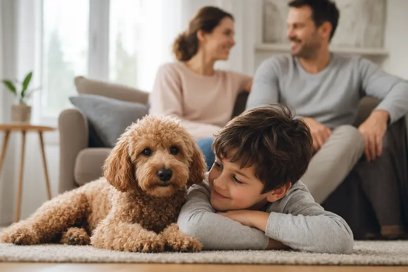 Ein freundlicher Kleinpudel liegt entspannt neben einem Kind im hellen Wohnzimmer, während die Eltern im Hintergrund stehen und eine sichere Familienatmosphäre entsteht.