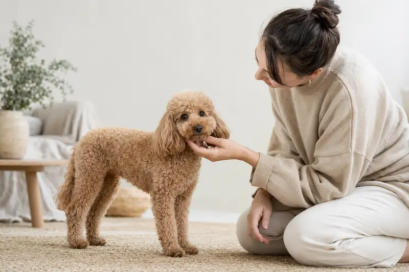 Aufmerksamer Kleinpudel im professionellen Tierportrait vor hellem neutralem Hintergrund.
