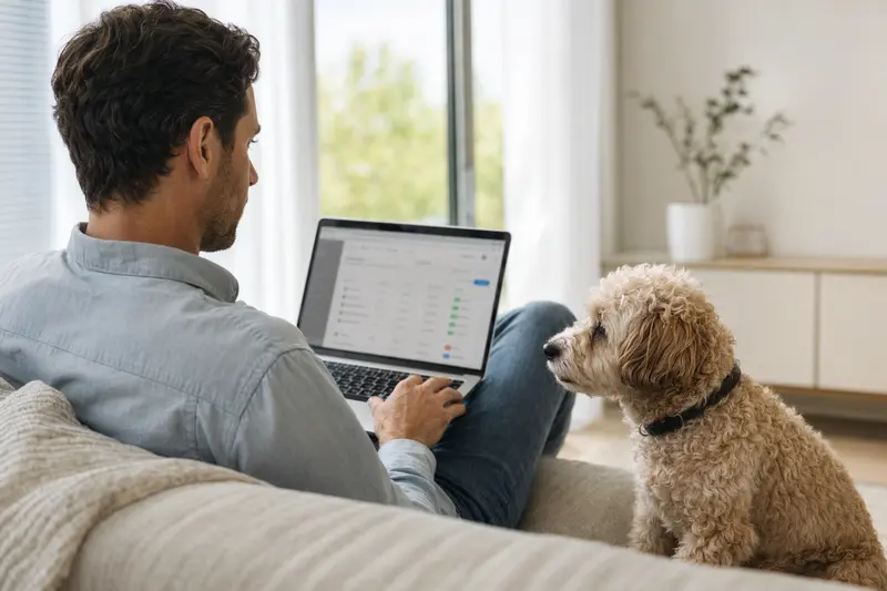 Besitzer mit Laptop auf dem Sofa, daneben ein Kleinpudel, der einen Versicherungsvergleich ansieht.