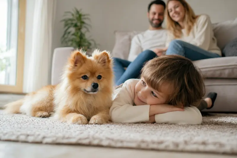 Ein freundlicher Kleinspitz liegt entspannt neben einem Kind im hellen Wohnzimmer, während die Eltern im Hintergrund stehen.