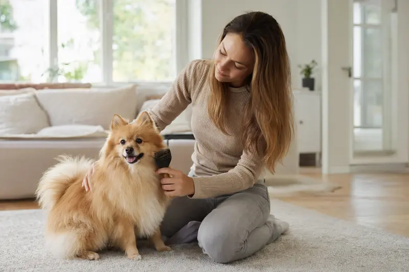 Ein Kleinspitz wird in einer hellen Wohnung sanft gebürstet, während sich der Besitzer liebevoll um die Fellpflege kümmert.