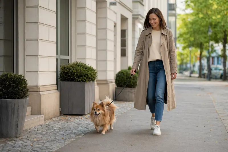 Ein Kleinspitz läuft an der Leine mit seinem Besitzer durch eine freundliche moderne Stadtstraße.