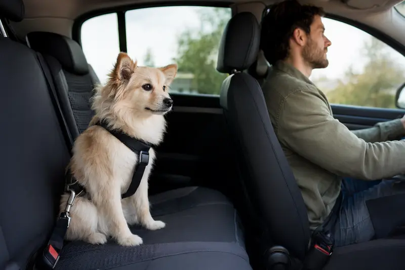 Ein Kleinspitz Hund sitzt sicher angeschnallt auf der Rückbank eines Autos, während die Sonne durch das Fenster scheint.
