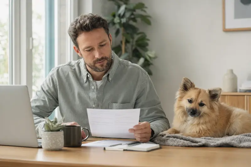 Ein Hundehalter sitzt mit einer Tierarztrechnung am Tisch, während ein entspannter Kleinspitz auf einer Decke in einer hellen Wohnung liegt und die Situation ruhig wirkt.