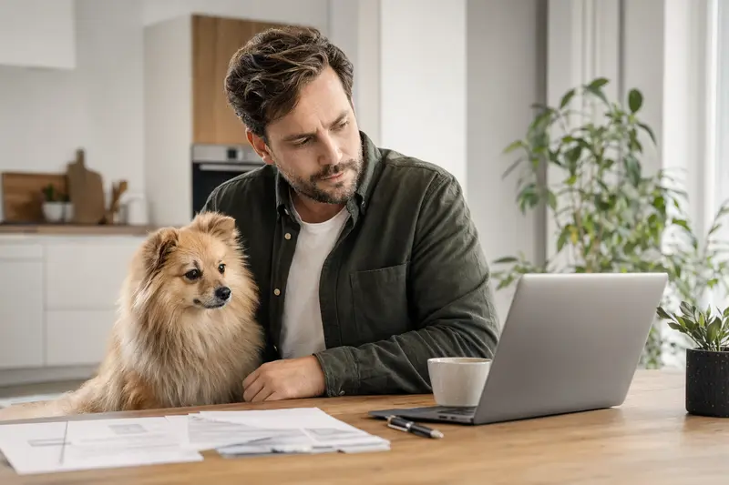 Ein Kleinspitz Hund sitzt neben seinem Besitzer am Küchentisch, wo Versicherungsunterlagen und ein Laptop liegen.