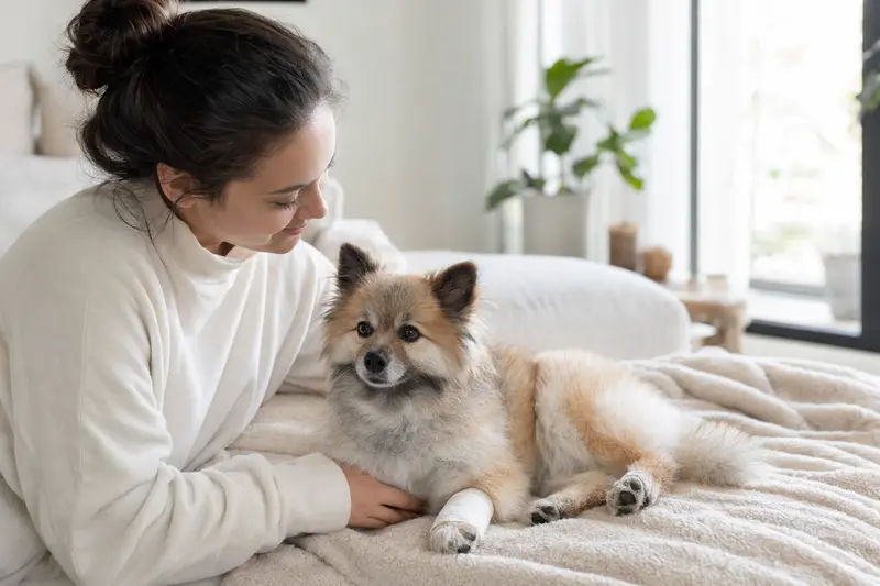Ein Kleinspitz mit Verband an der Pfote liegt entspannt auf einer Decke, während sein Besitzer neben ihm sitzt und erleichtert wirkt, in einer hellen und fürsorglichen Atmosphäre.