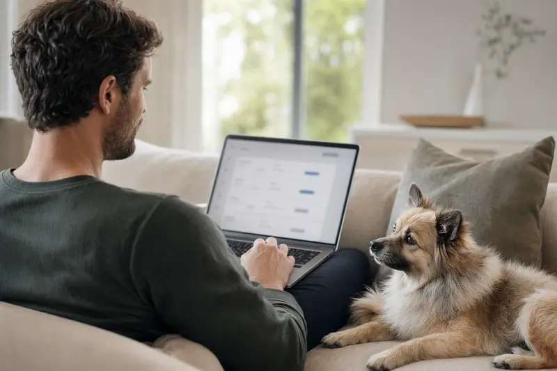 Ein Hundebesitzer sitzt mit einem Laptop auf dem Sofa, neben ihm ein Kleinspitz, während er eine Versicherungsvergleichsseite betrachtet.
