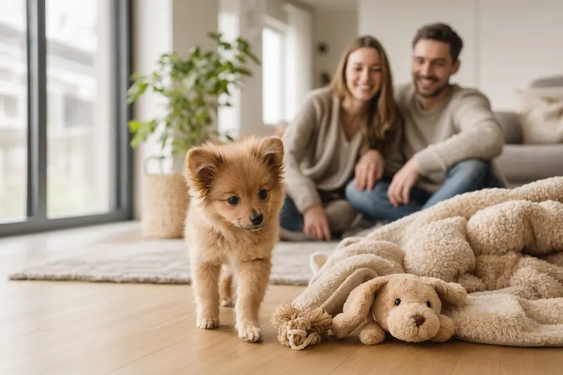 Ein neugieriger Kleinspitz Welpe entdeckt sein neues Zuhause auf einer weichen Decke, mit liebevoller Familie im Hintergrund.
