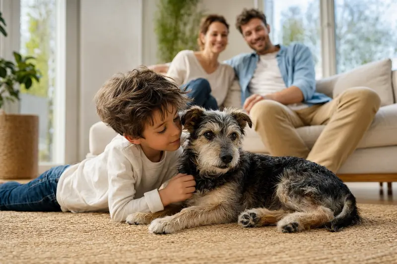 Ein freundlicher Kobe-Terrier liegt entspannt neben einem Kind im Wohnzimmer in einer sicheren Familienatmosphäre.