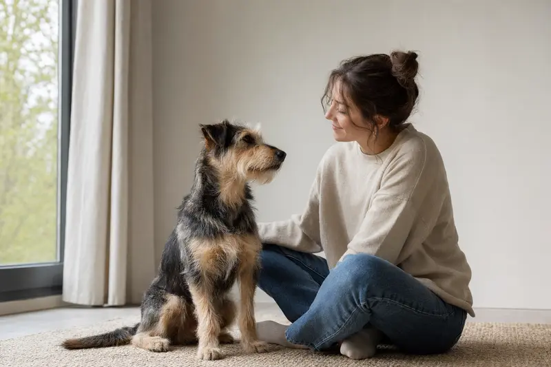 Aufmerksam stehender Kobe-Terrier im professionellen Hundeporträt vor hellem neutralem Hintergrund.