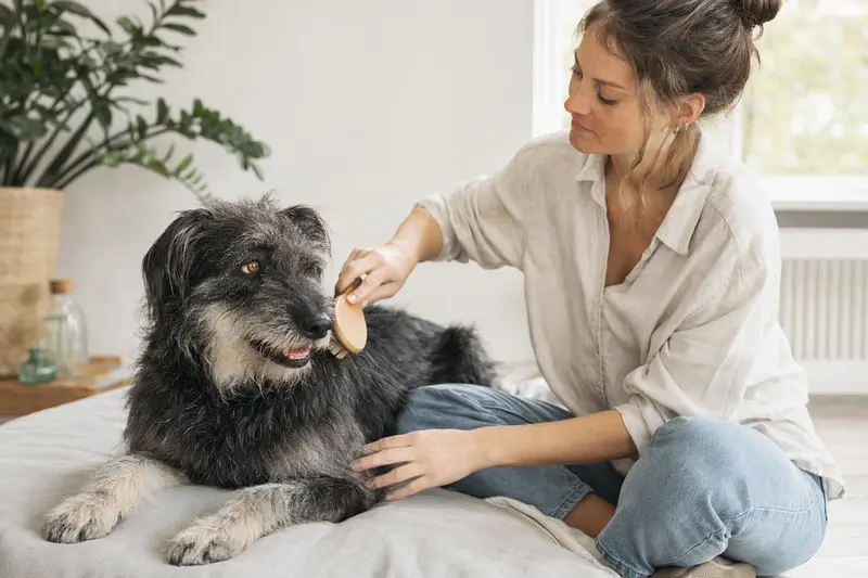 Ein Kobe-Terrier wird zuhause liebevoll gebürstet, was die regelmäßige Fellpflege und verantwortungsvolle Hundegesundheit unterstreicht.