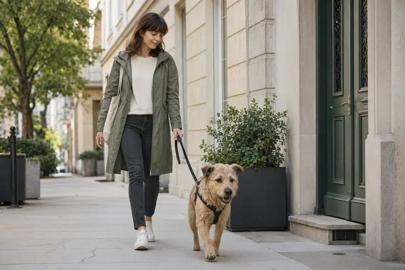 Ein Kobe-Terrier läuft an der Leine neben seinem Besitzer durch eine moderne Stadtstraße.