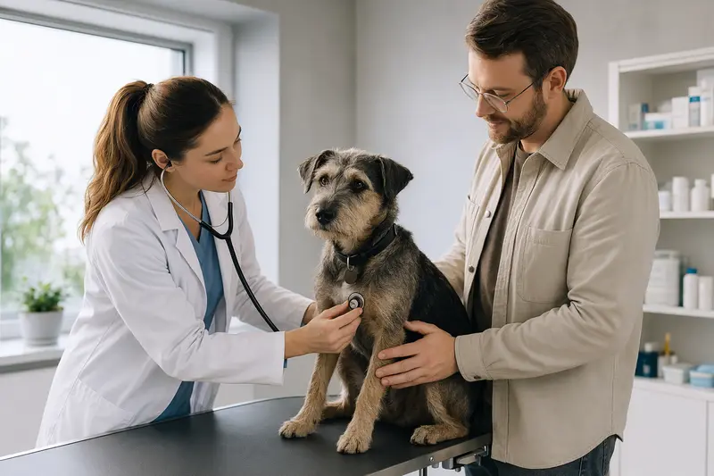 Ein Kobe-Terrier wird von einer Tierärztin mit einem Stethoskop in einer modernen Tierarztpraxis untersucht, während sein Besitzer beruhigend danebensteht.