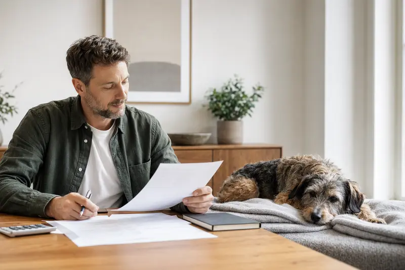Ein Hundehalter sitzt mit einer Tierarztrechnung am Tisch, während sein entspannter Kobe-Terrier auf einer Decke in der hellen Wohnung liegt.