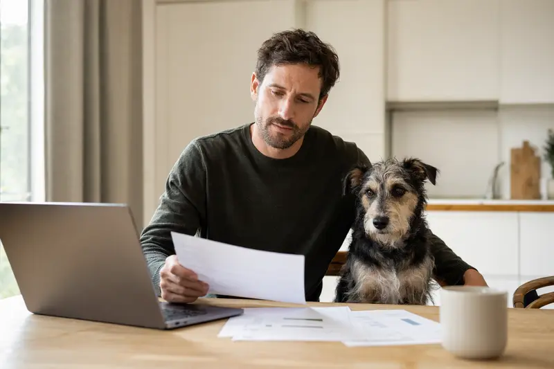 Ein Kobe-Terrier sitzt ruhig am Küchentisch neben seinem Besitzer, während Versicherungsunterlagen und ein Laptop sichtbar sind.