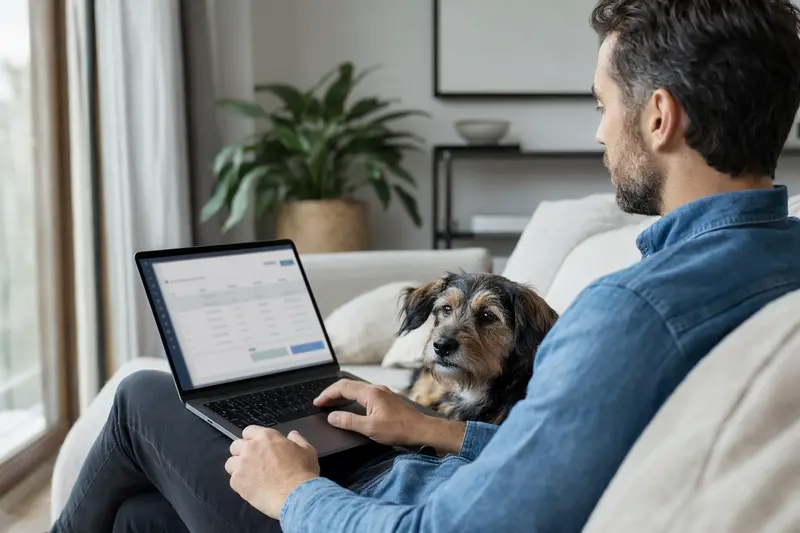 Ein Hundebesitzer sitzt mit einem Laptop auf dem Sofa, während ein Kobe-Terrier daneben liegt, und eine neutrale Versicherungsvergleichs-Oberfläche auf dem Bildschirm angezeigt wird.