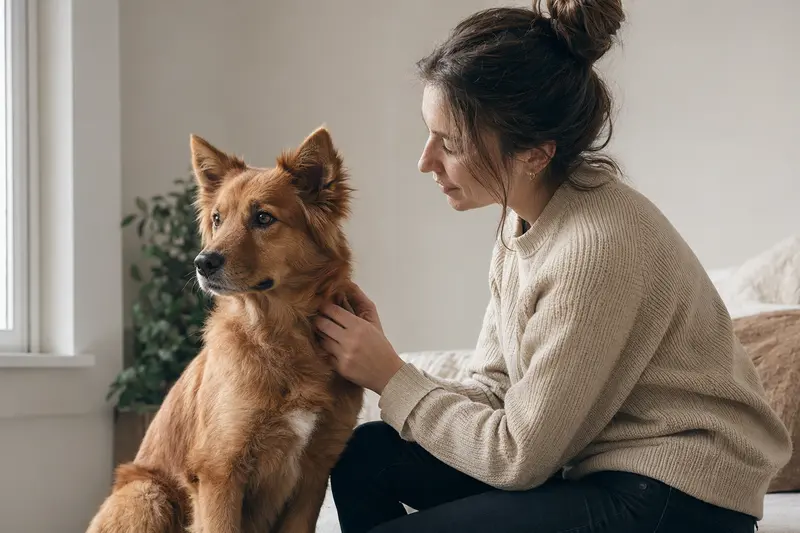 Ein aufmerksam stehender Kochi-ken Hund vor hellem Hintergrund in einem professionellen Tierportrait.