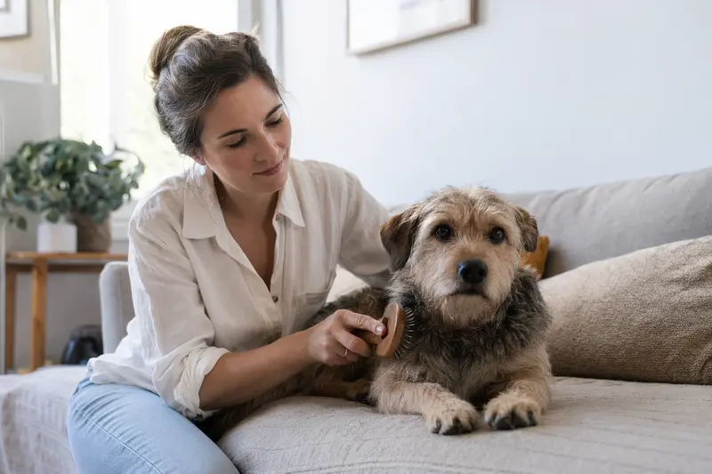 Ein Kochi-ken Hund wird zuhause von seinem Besitzer sanft gebürstet und gepflegt.